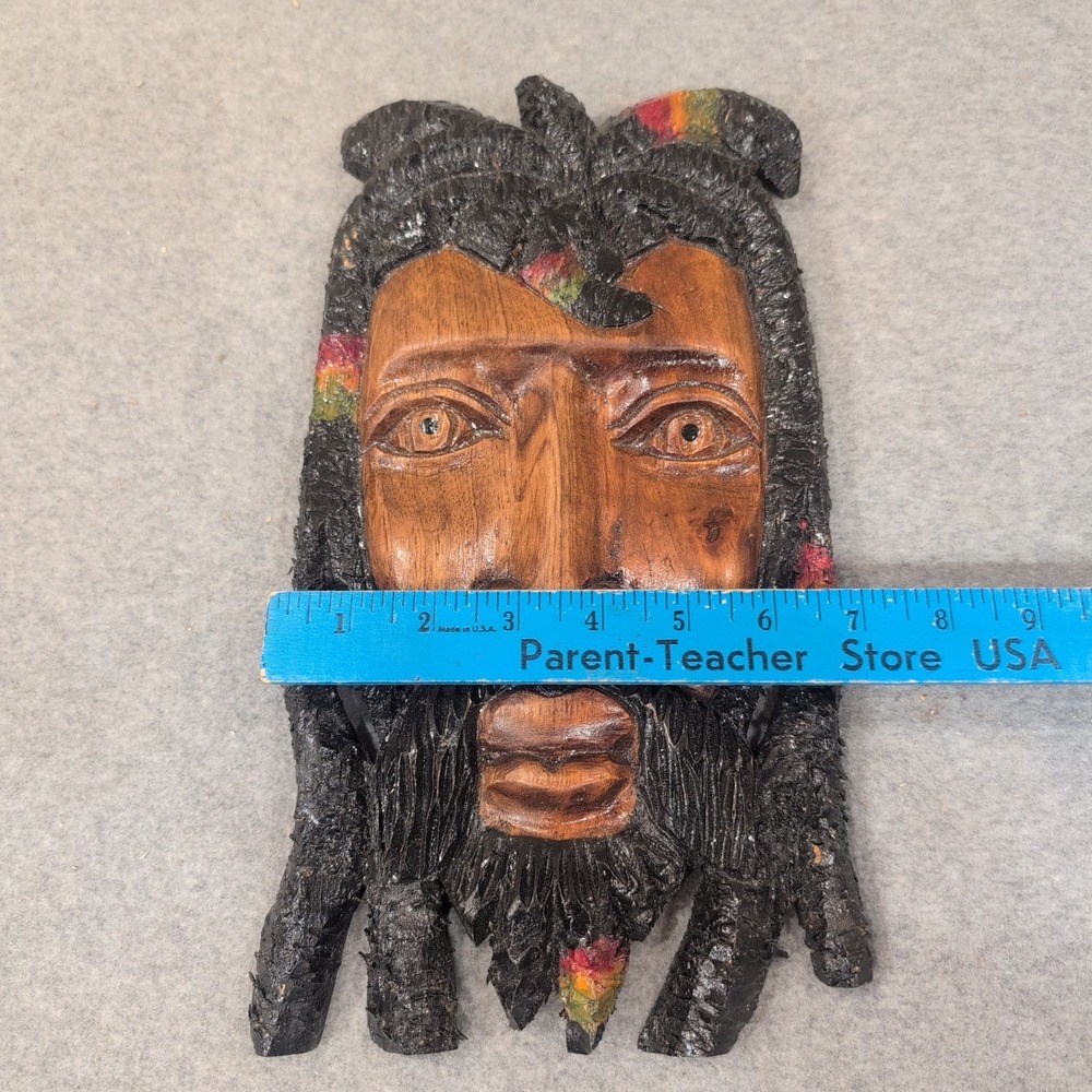 Hand Carved Wooden Rasta Mask Dreadlocks Beard Red Yellow Green Wall Art Decor - Picture 7 of 8